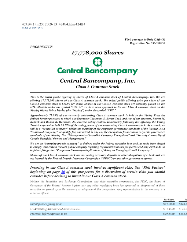 Central Bancompany Inc-A美股招股说明书(2025-11-21版)