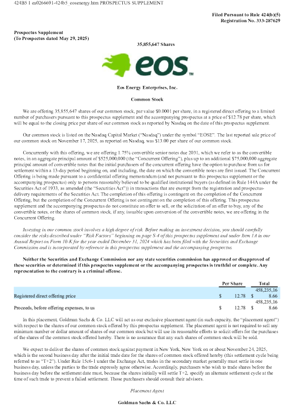 Eos Energy Enterprises Inc-A美股招股说明书(2025-11-21版)