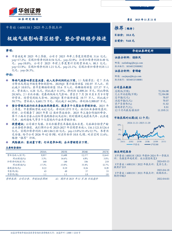 极端气候影响景区经营,整合营销稳步推进-2025年三季报点评