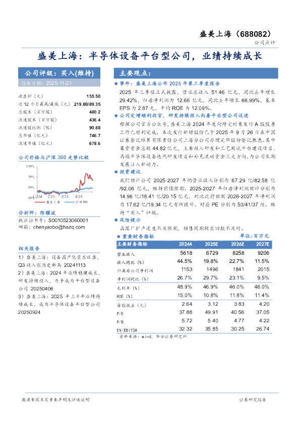 盛美上海：半导体设备平台型公司，业绩持续成长