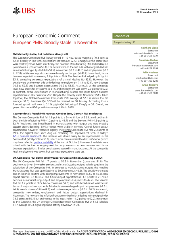 欧洲PMI：11月基本稳定