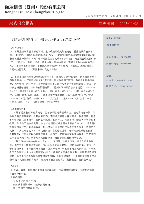 红枣周报-收购进度差异大 郑枣反弹无力继续下挫