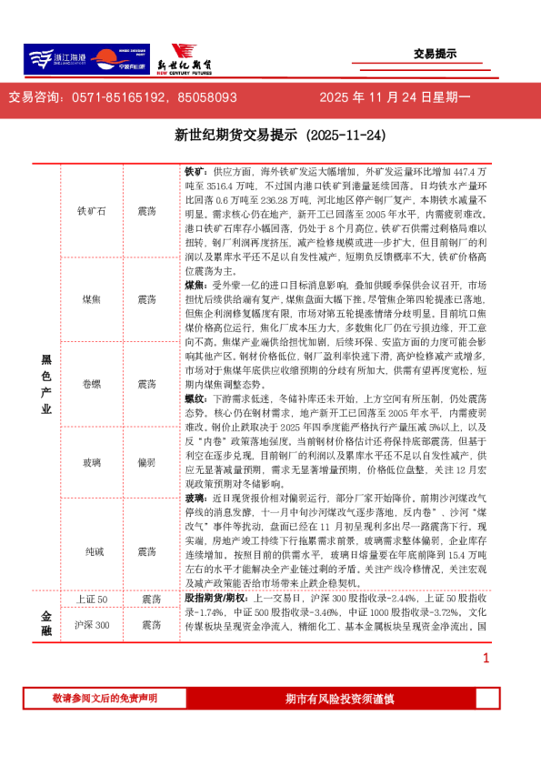 新世纪期货交易提示（2025-11-24）