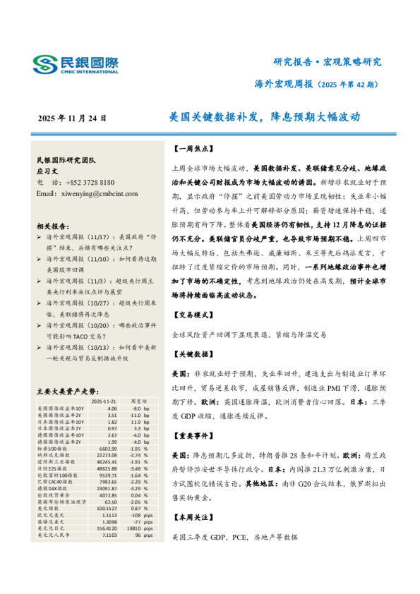 海外宏观周报（2025年第42期）：美国关键数据补发，降息预期大幅波动