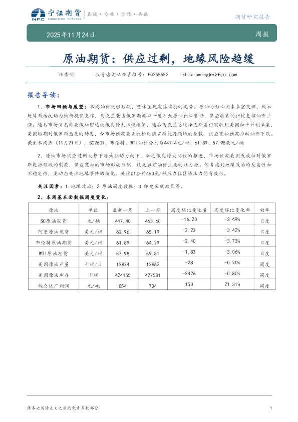 原油期货：供应过剩，地缘风险趋缓