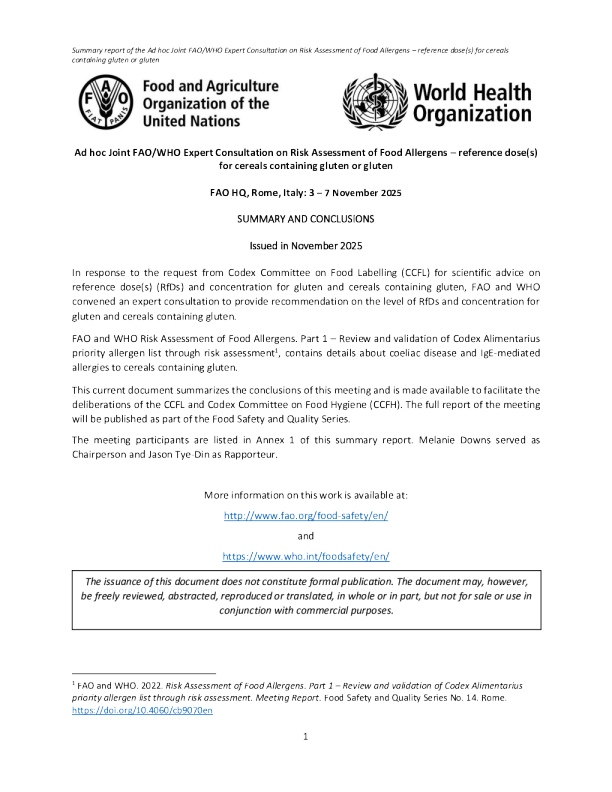 粮农组织世界卫生组织关于食品过敏原风险评估的特设联合专家协商——含谷蛋白或谷蛋白谷物的参考剂量