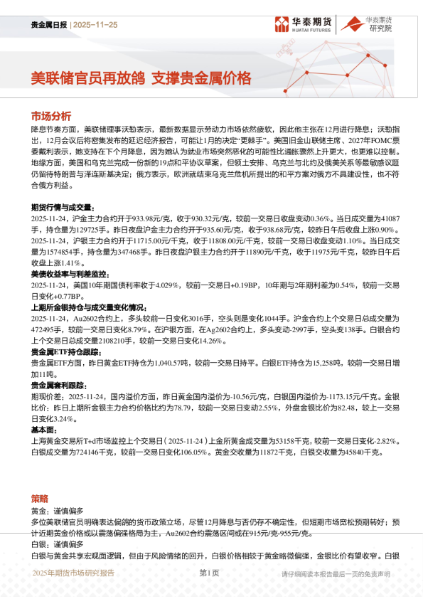 贵金属日报：美联储官员再放鸽 支撑贵金属价格