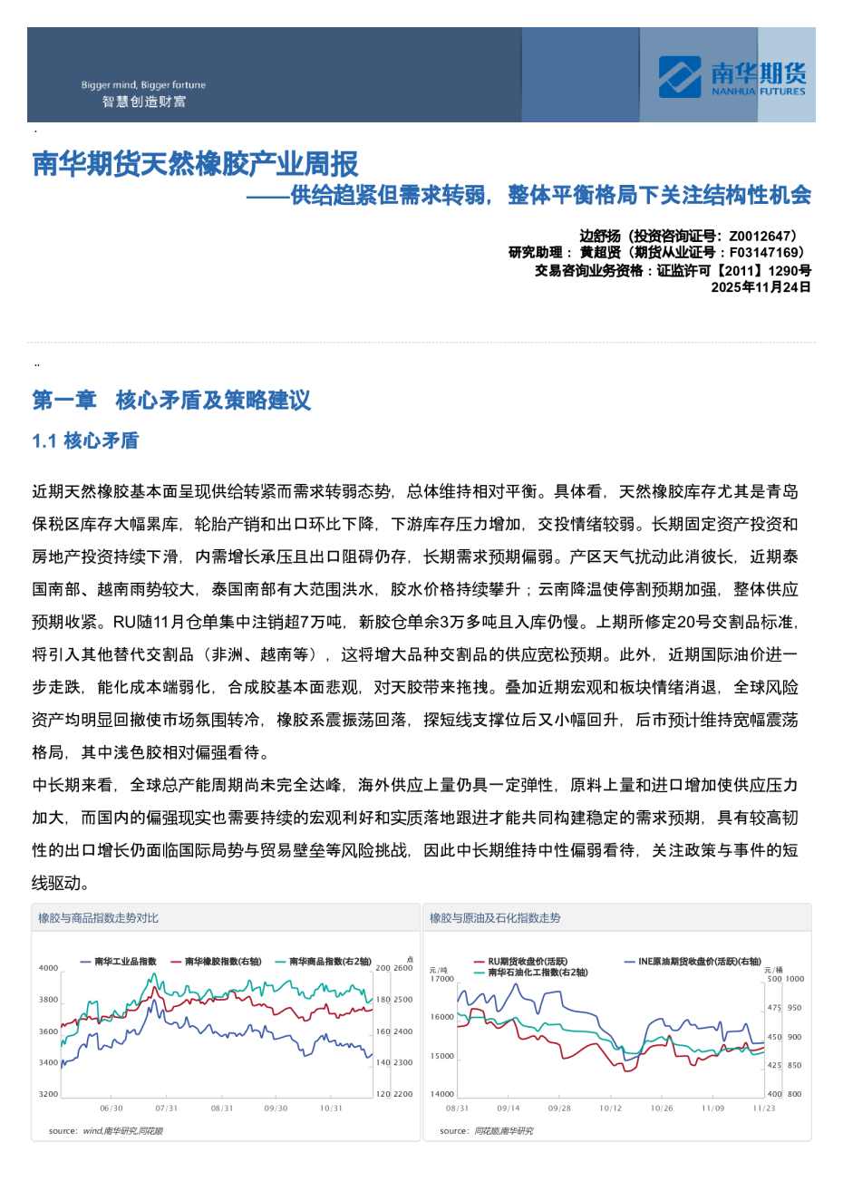 南华期货天然橡胶产业周报：供给趋紧但需求转弱，整体平衡格局下关注结构性机会