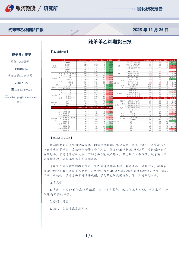 纯苯苯乙烯期货日报