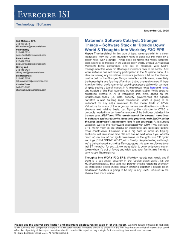 Materne的软件催化剂：怪奇物语——软件困在“颠倒世界”及对Workday F3Q EPS的看法
