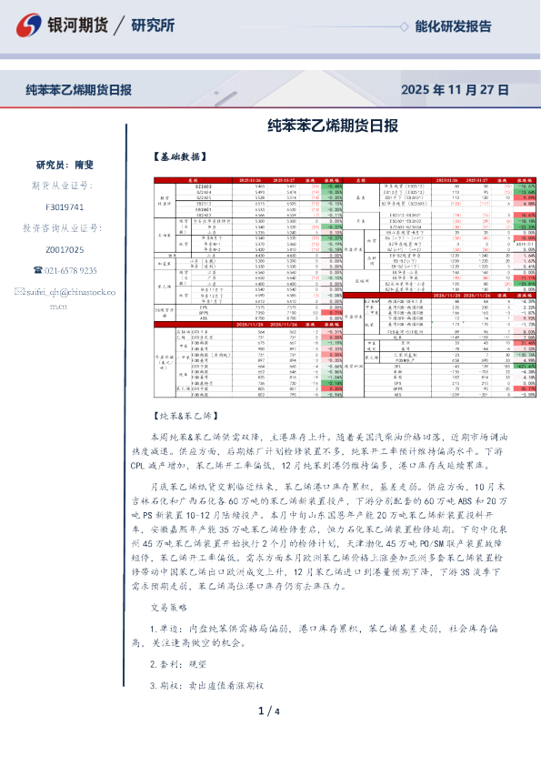 纯苯苯乙烯期货日报