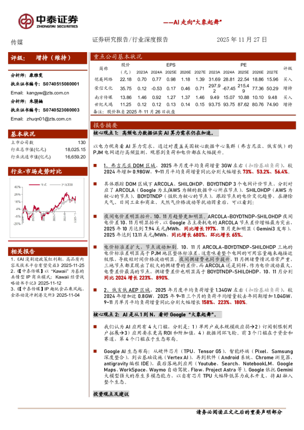 传媒行业AI走向“大象起舞”：深度剖析PJM电网高频数据，透视AI算力需求