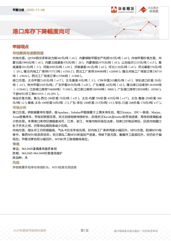 甲醇日报：港口库存下降幅度尚可