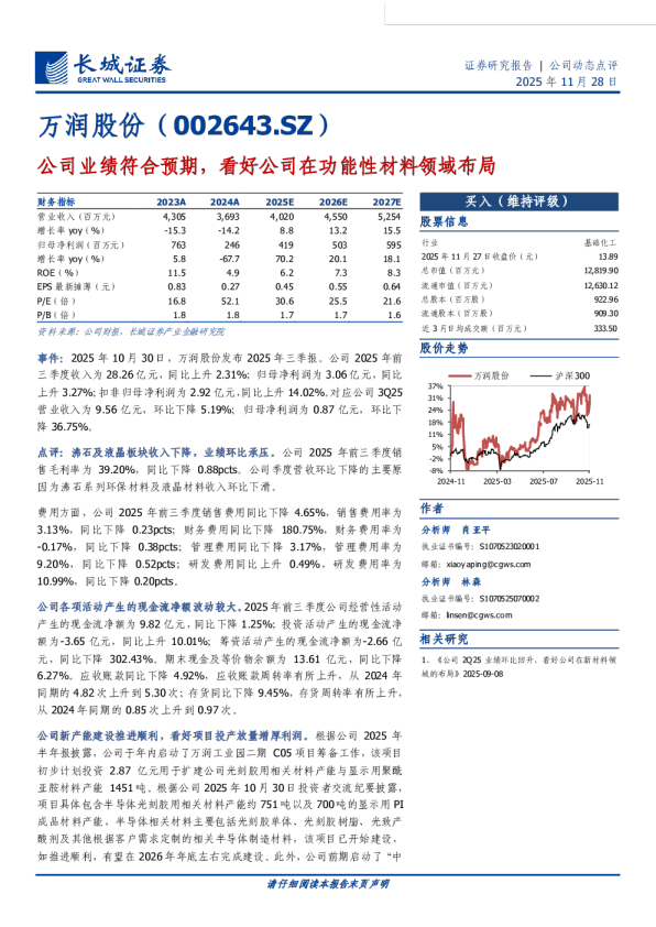 公司业绩符合预期,看好公司在功能性材料领域布局