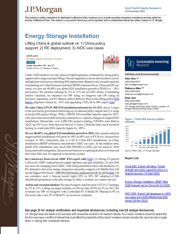 储能安装：提升中国及全球前景——基于1)中国政策支持；2)可再生能源部署；3)AIDC应用场景