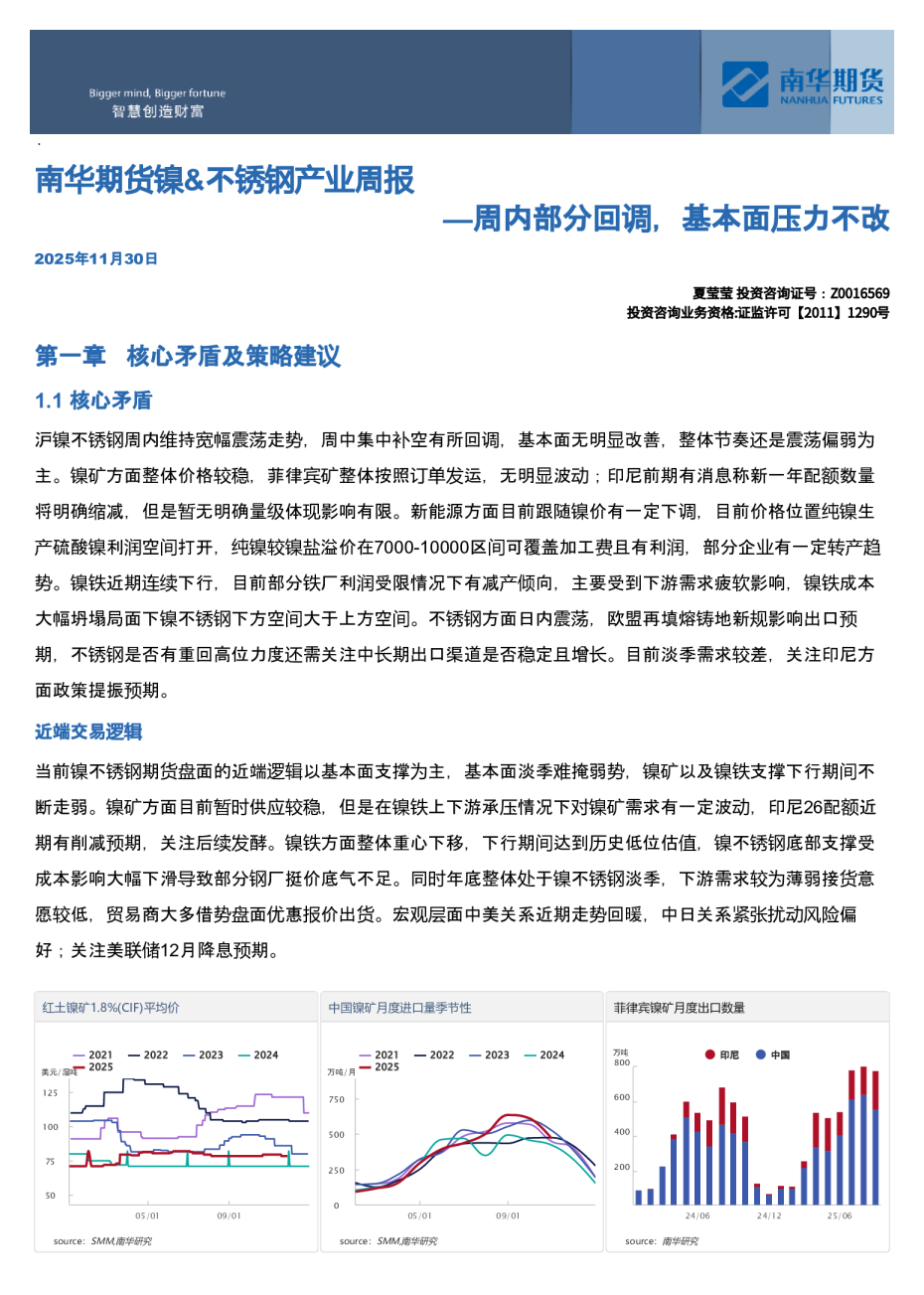 南华期货镍、不锈钢产业周报：周内部分回调，基本面压力不改