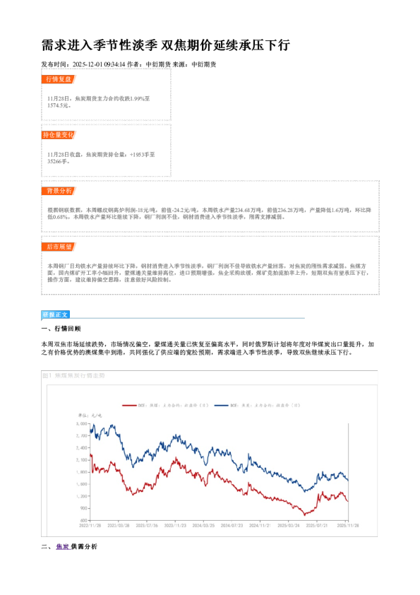 需求进入季节性淡季 双焦期价延续承压下行