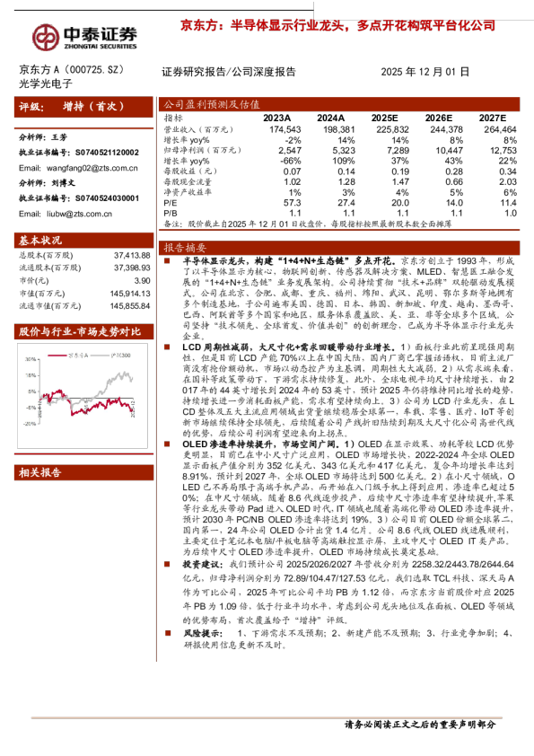 半导体显示行业龙头，多点开花构筑平台化公司