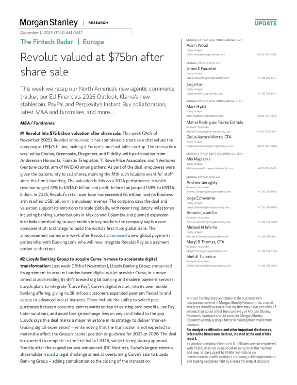 金融科技雷达 | 欧洲更新：Revolut 股权出售后估值达750亿美元