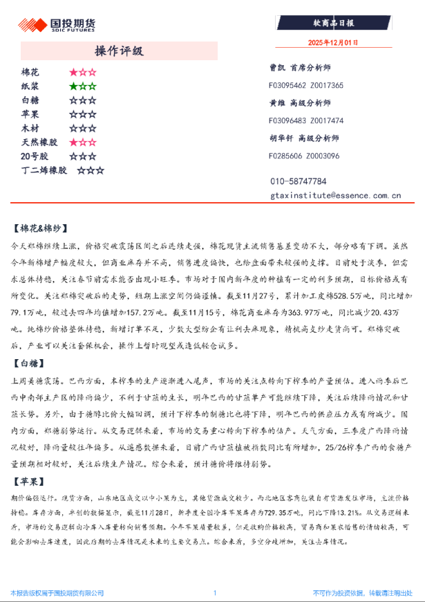 国投期货软商品日报