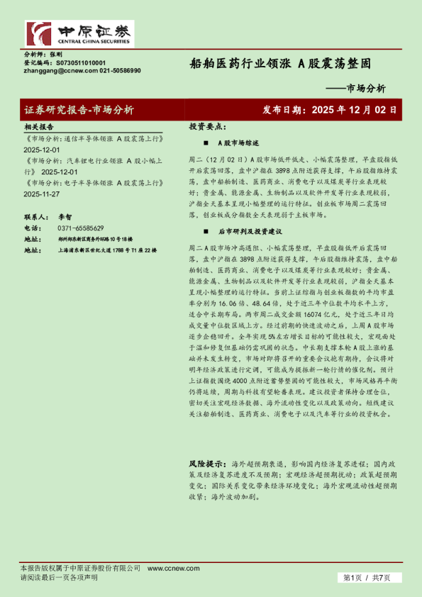 市场分析：船舶医药行业领涨 A股震荡整固