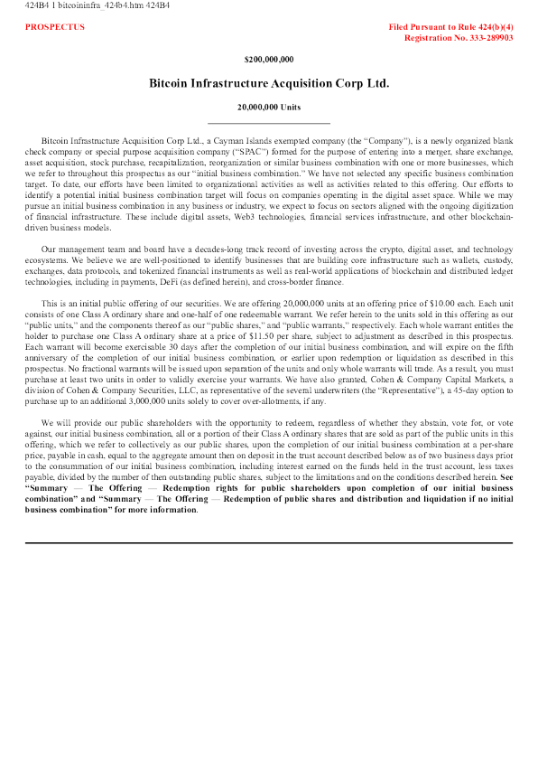Bitcoin Infrastructure Acquisition Corp Ltd-A美股招股说明书(2025-12-02版)