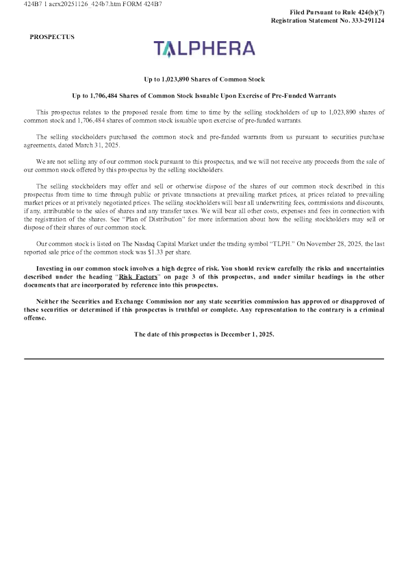 Talphera Inc美股招股说明书(2025-12-02版)
