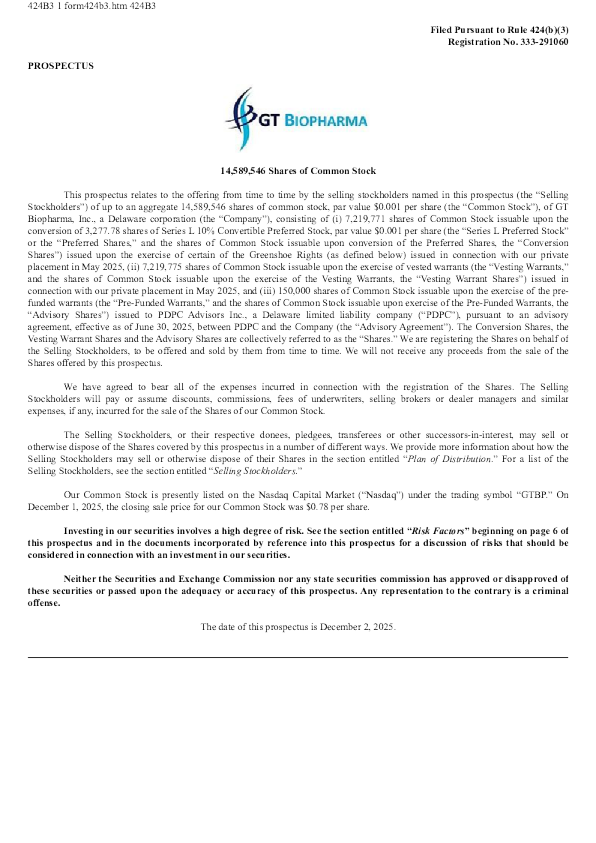 GT生物制药公司美股招股说明书(2025-12-02版)