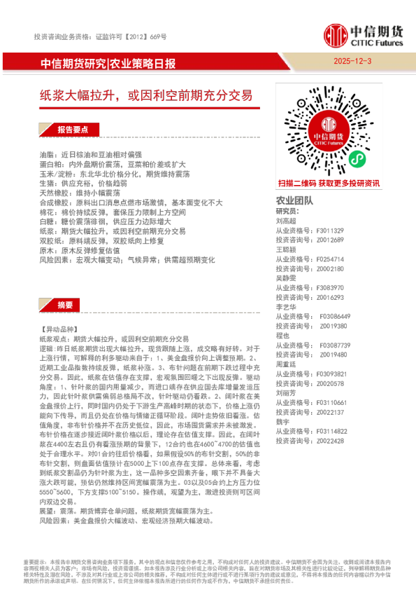 纸浆大幅拉升，或因利空前期充分交易