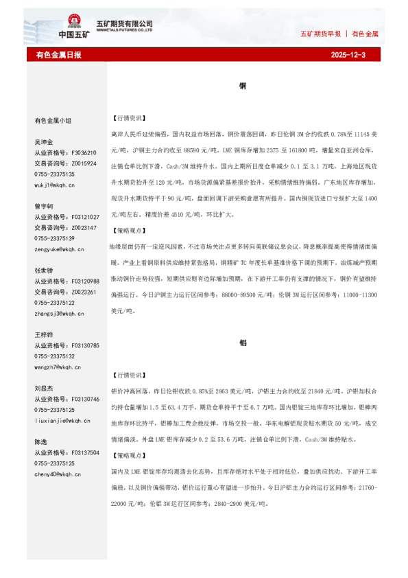 五矿期货早报 | 有色金属