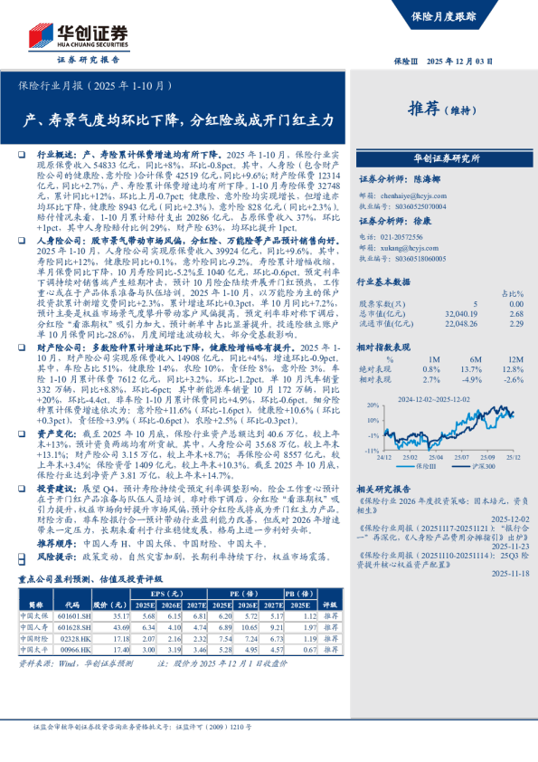 保险行业月报：产、寿景气度均环比下降，分红险或成开门红主力