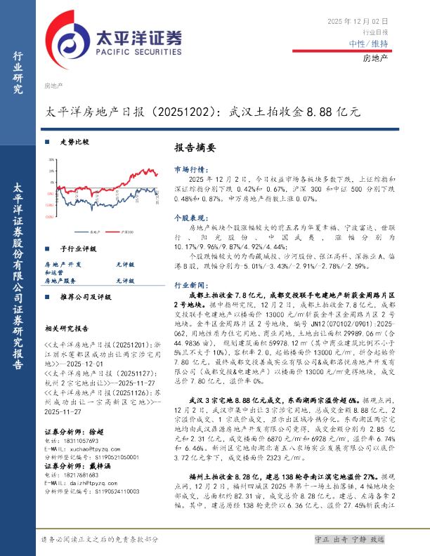 太平洋房地产日报：武汉土拍收金8.88亿元
