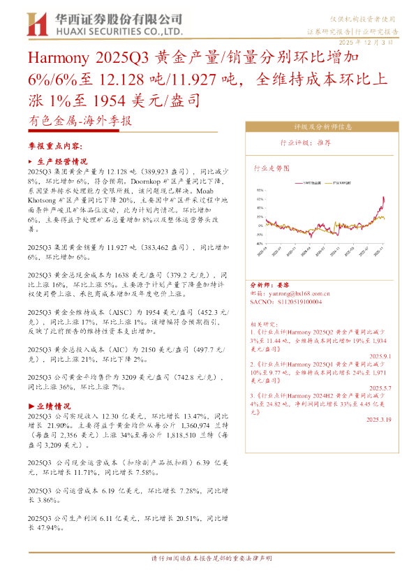 Harmony 2025Q3 黄金产量 销量分别环比增加 6% 6%至 12.128 吨 11.927 吨，全维持成本环比上涨 1%至 1954 美元 盎司