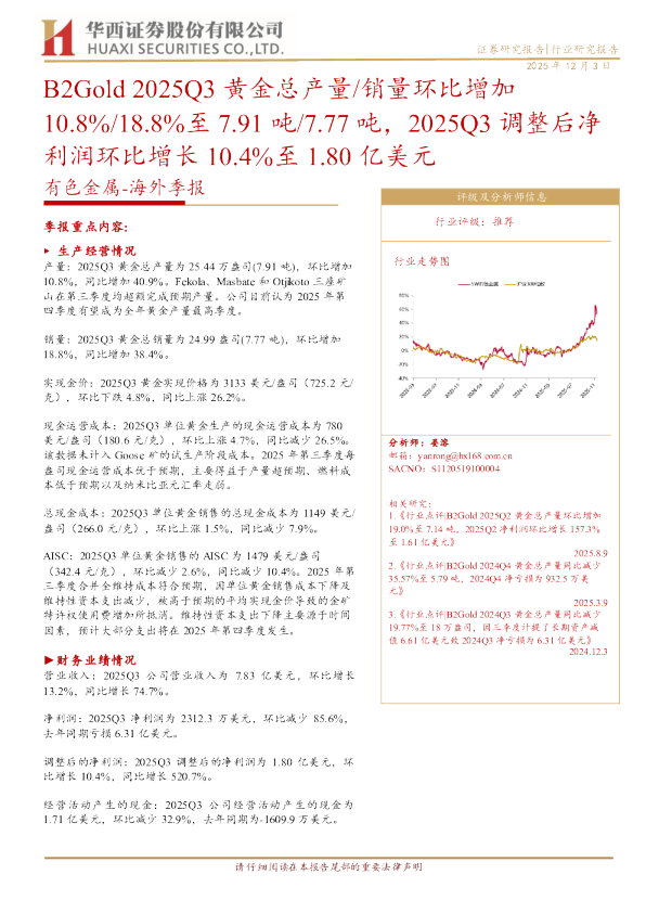 B2Gold 2025Q3黄金总产量/销量环比增加10.8%/18.8%至7.91吨/7.77吨，2025Q3调整后净利润环比增长10.4%至1.80亿美元