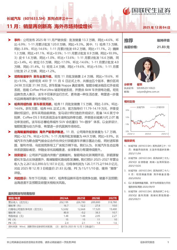 系列点评三十一：11月销量再创新高，海外市场持续增长