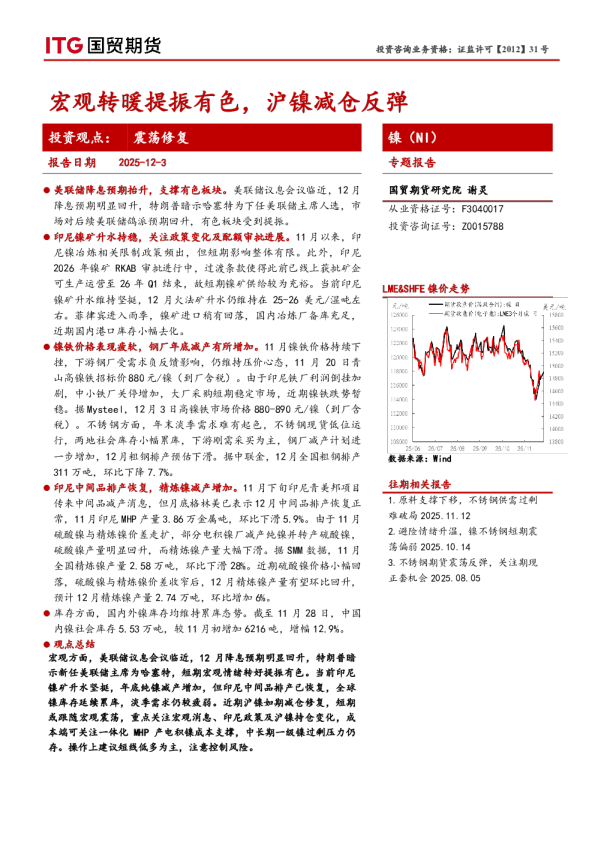 宏观转暖提振有色，沪镍减仓反弹