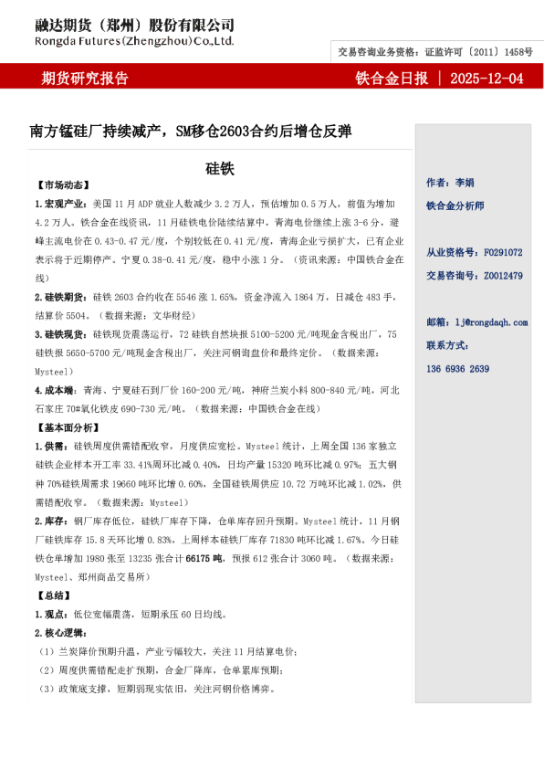 融达期货铁合金日报-南方锰硅厂持续减产，SM移仓2603合约后增仓反弹
