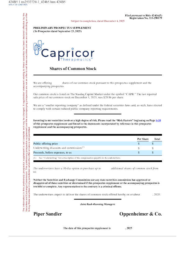 Capricor Therapeutics Inc美股招股说明书(2025-12-04版)