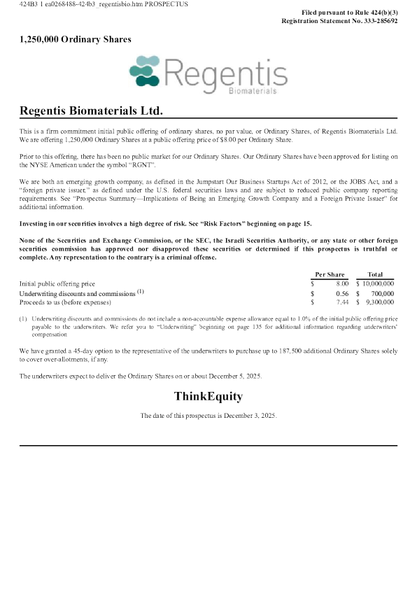 Regentis Biomaterials Ltd美股招股说明书(2025-12-04版)