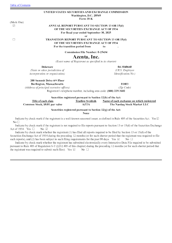 Azenta Inc 2024年度报告