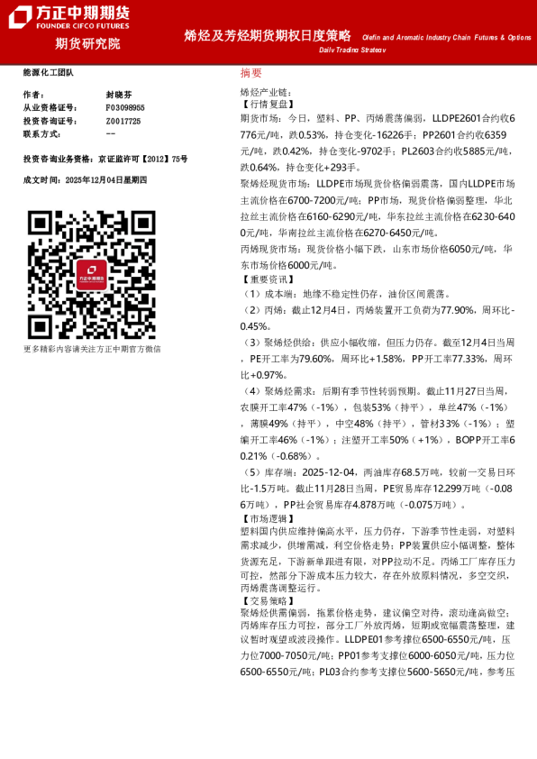 烯烃及芳烃期货期权日度策略