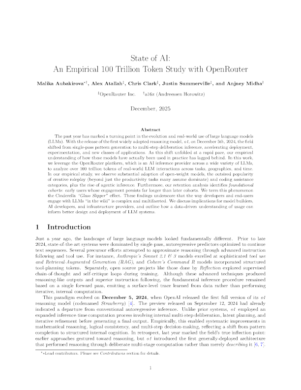 AI现状:基于OpenRouter的100万亿Token实证研究