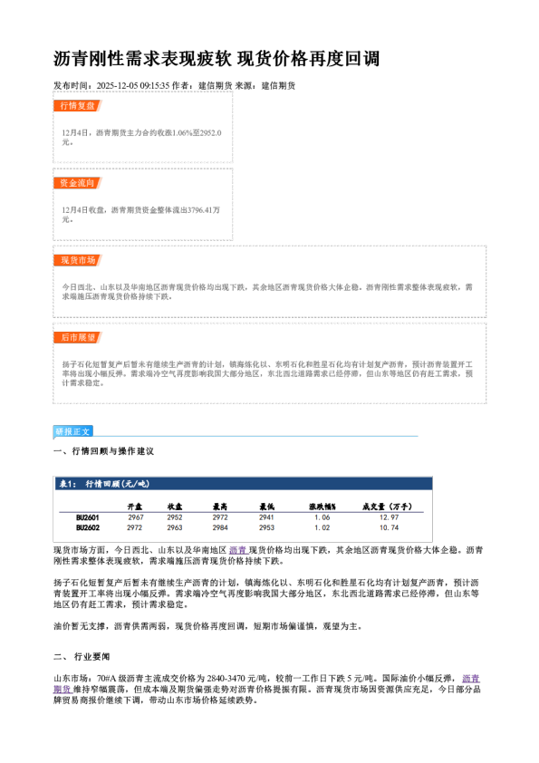 沥青刚性需求表现疲软 现货价格再度回调