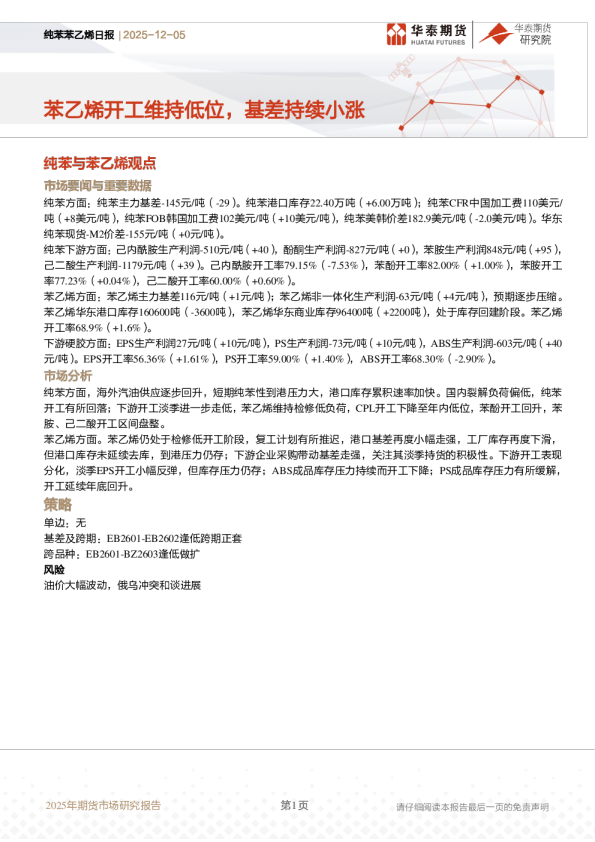 纯苯苯乙烯日报：苯乙烯开工维持低位，基差持续小涨