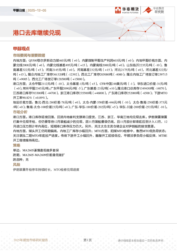 甲醇日报：港口去库继续兑现