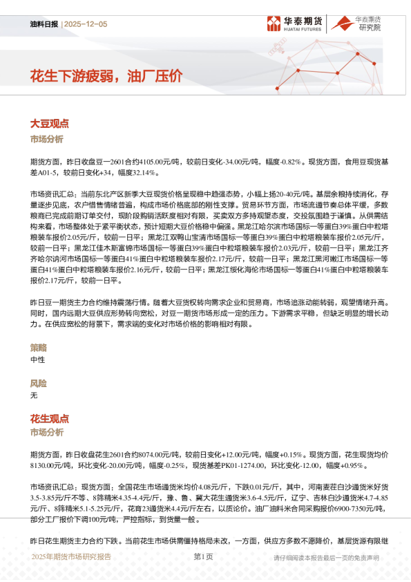 油料日报：花生下游疲弱，油厂压价