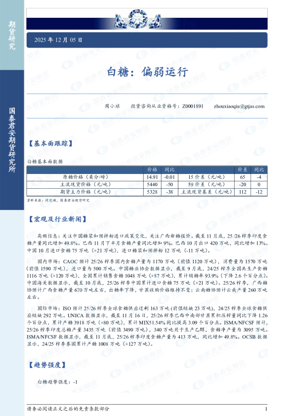 白糖：偏弱运行