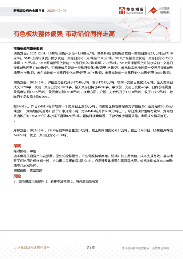 新能源及有色金属日报：有色板块整体偏强 带动铅价同样走高
