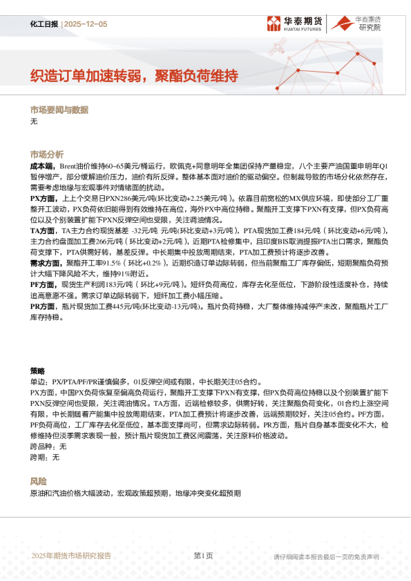 化工日报：织造订单加速转弱，聚酯负荷维持