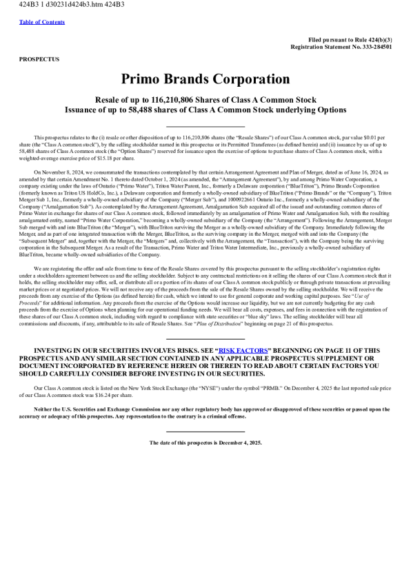 Primo Brands Corp-A美股招股说明书(2025-12-05版)